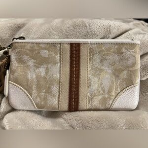 Coach Signature Cream & Brown Canvas and Leather Wristlet with Tassel